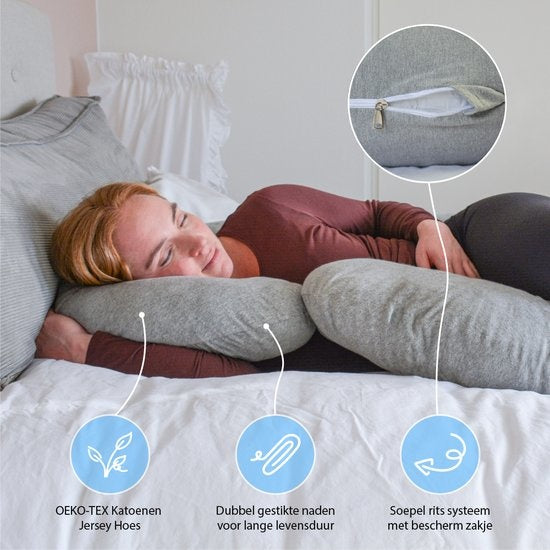 EL-Life Zwangerschapskussen XXL C-vorm - Zijslaapkussen - Lichaamskussen - Voedingskussen - Body Pillow - 150x70cm - Afneembare Jersey Katoenen Hoes, Lichtgrijs