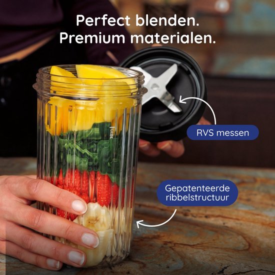 Safecourt Kitchen PureBlend - 1000W Smoothie maker - BPA vrij - inclusief to-go drinkdeksel + rietje- Premium Tritan blendbekers -Zwart