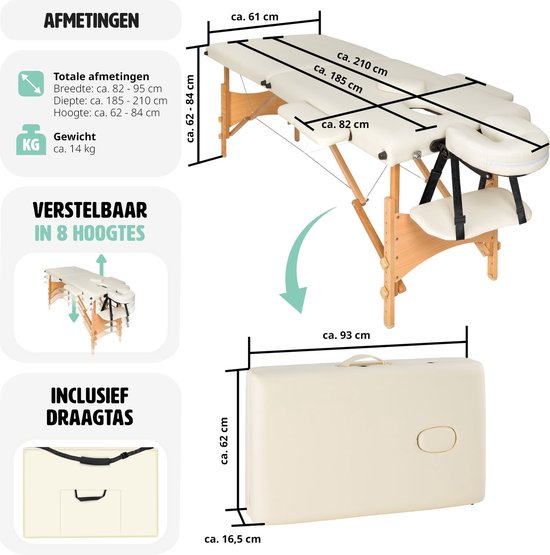 2 zones mobiele massagetafel beige - 5cm + draagtas - 401462