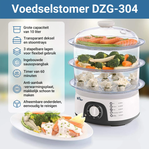 Bear DZG-304 Elektrische Stoomkoker 3-Laags - 29,5 x 25,5 x 37,5 cm - 10L