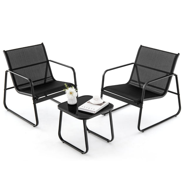 3-delig Tuinmeubelset Balkonset met 2 Stoelen en Tafel - Zwart, Afmetingen Stoel 58x60x85 cm, Tafel 60x60x72 cm