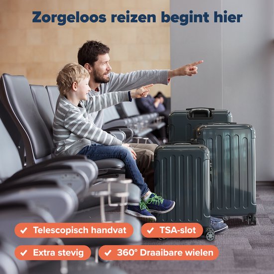 TRVLMORE Kofferset - 3 Delig - 45L Handbagage + 75L en 115L Ruimbagage - TSA Slot - Lichtgewicht - Reiskoffer set - Donkergrijs