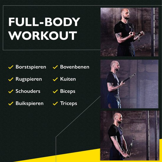 Zoluko Home Fitness Kabelsysteem 23-delige set - Incl. E-book - Krachtstation voor Thuis Sporten - Incl. Triceps Touw, Biceps Stang en Handgrepen - 100kg Draagkracht - Eenvoudige Bevestiging - Krachttraining - Lat Pulley - Home Gym - Zwart/Zilver
