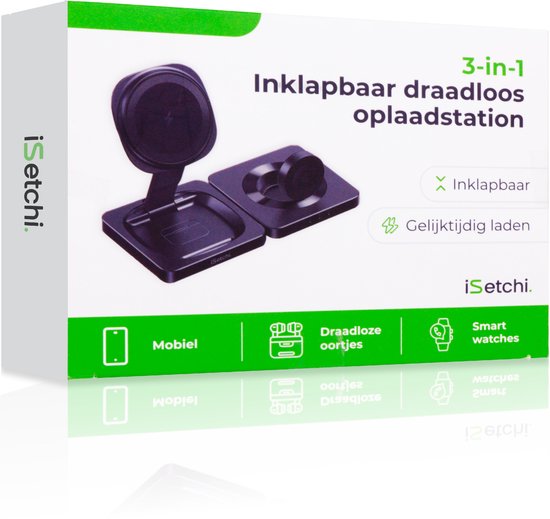 iSetchi 3-in-1 Power Base – Draadloze Oplader – Qi – 23 W – Opvouwbaar – USB-C – Geschikt voor Smartphone, Smartwatch & Oordopjes – Zwart