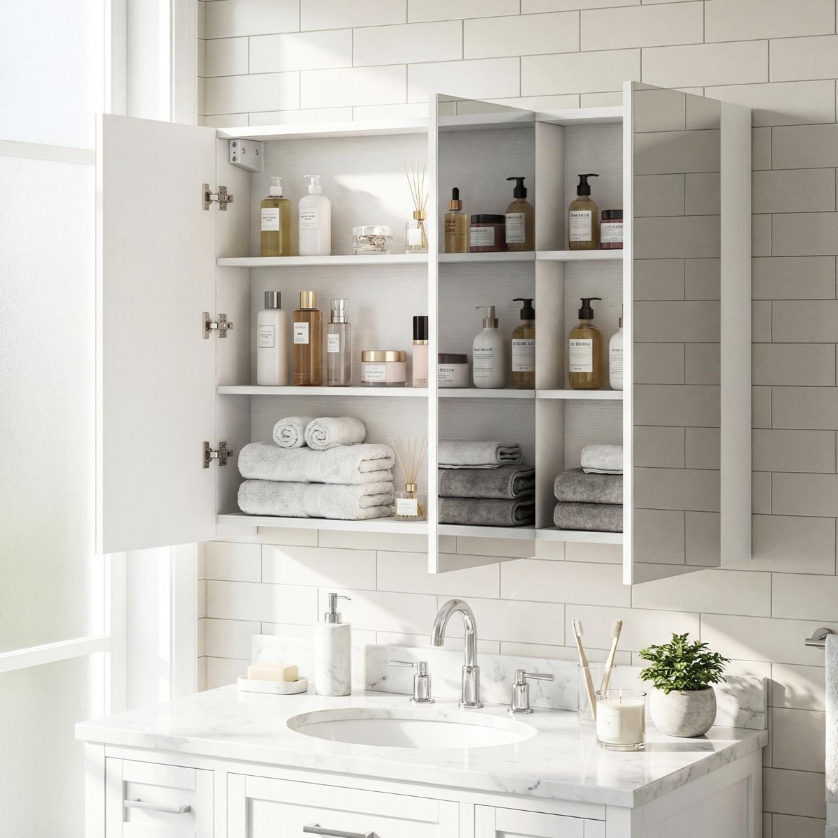 Coast Badkamer Wandspiegelkast - drie deuren - 6 vakken - wit - 87 x 65 x 12,5 cm