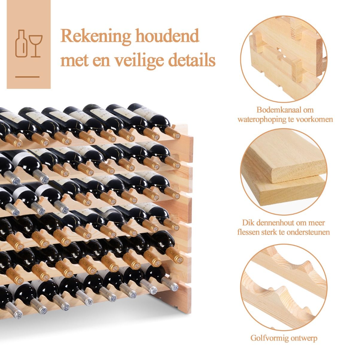 Coast Houten Flessenrek - Capaciteit voor 72 Flessen - 6 Niveaus - 119 x 29 x 72 cm - Dennenhout