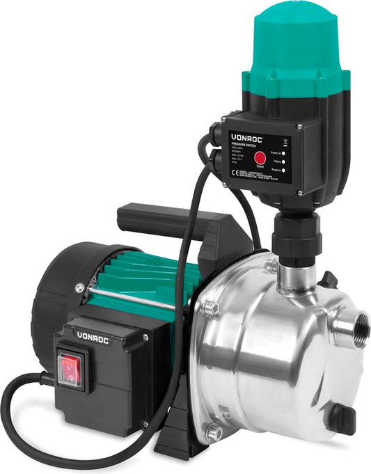 VONROC Hydrofoorpomp – Automatische Waterpomp – 1000W & 3500 l/u – Droogloopbeveiliging – 44 x 22 x 30 cm – Zwart/RVS