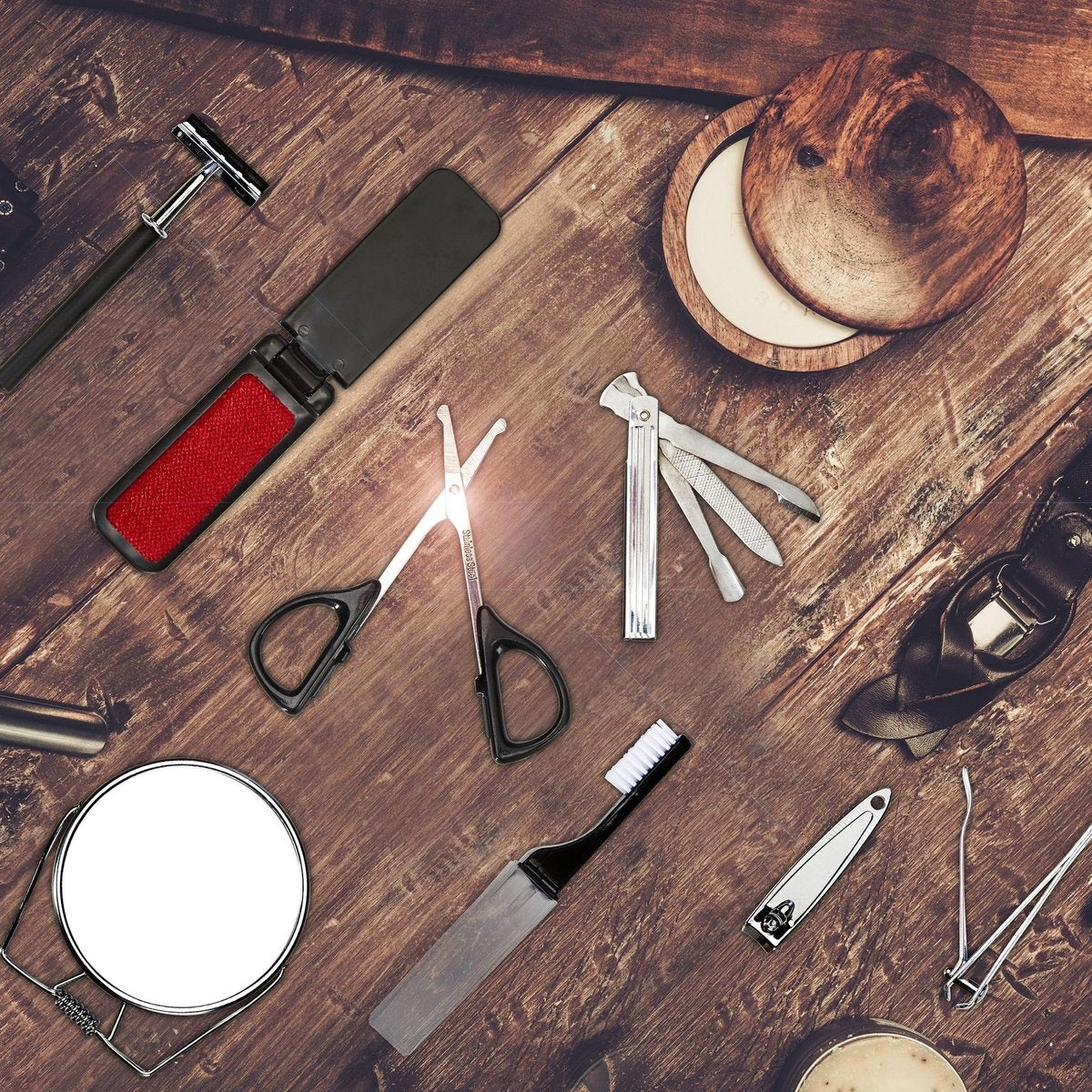 Relaxdays Baardverzorging / manicure set 11-delig - verzorgingset voor mannen - o.a. baardschaar / baardkam / scheermes in leren opbergetui