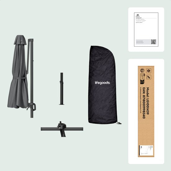 LifeGoods Zweefparasol - 6 Standen - 360° Draaibaar - Rond Ø300 cm - Inclusief Beschermhoes - Antraciet