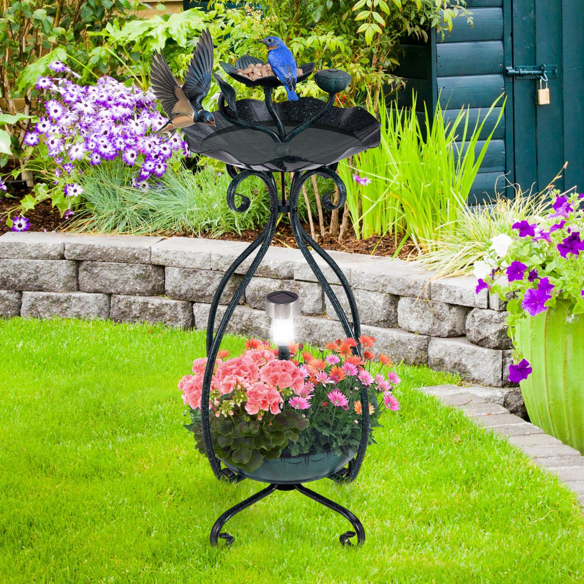 Coast Vogelbad met zonnepaneel - vogelvoederautomaat en bloempot - decoratieve lotus en bladeren - groen