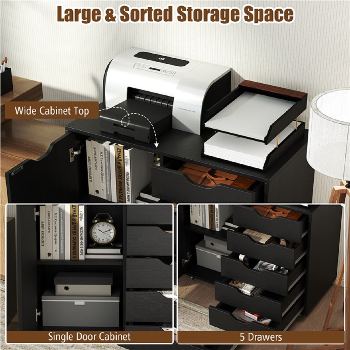 Coast Rollcontainer met 5 lades - deur en werkblad - met wielen - zwart - 79 x 39 x 65 cm