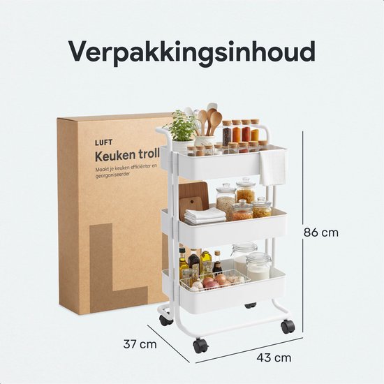 Keuken trolley op Wieltjes - 3 laags - Keukenrek - Serveerwagen - Kastje - Karretje - Opberg - Douche kastjes staand - Rekje - Wit - Luft