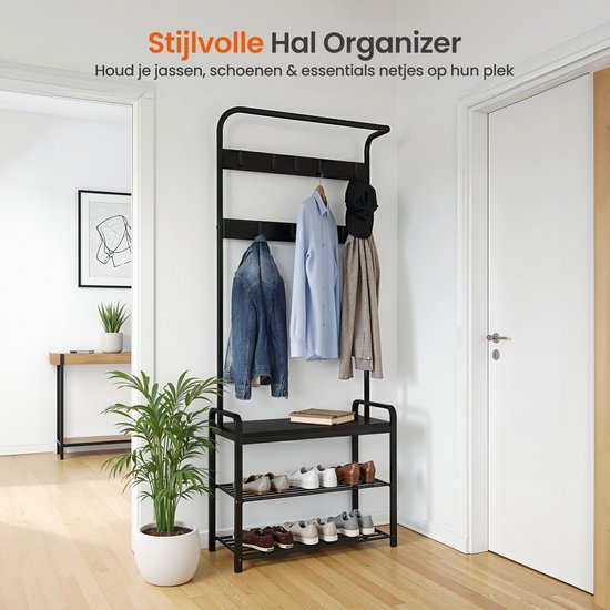 Goliving Kapstok – Garderoberek – Halmeubel – Schoenenrek – Schoenenkast – Industriële kast – Metaal/Hout – 72 x 34 x 183 cm – Zwart