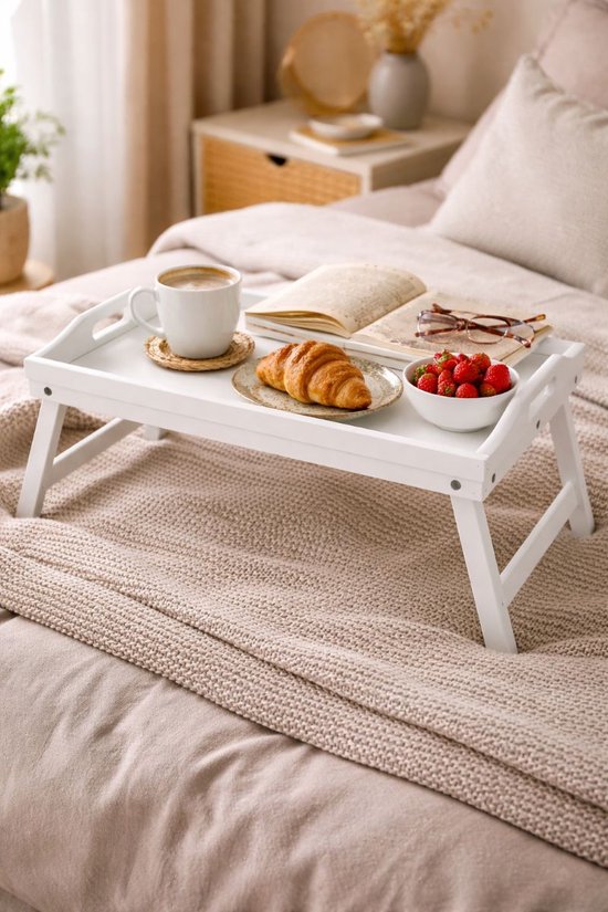 Ceruzo Ontbijt op Bed Dienblad – Inklapbare Bamboe Bedtafel 50x30 cm – Wit