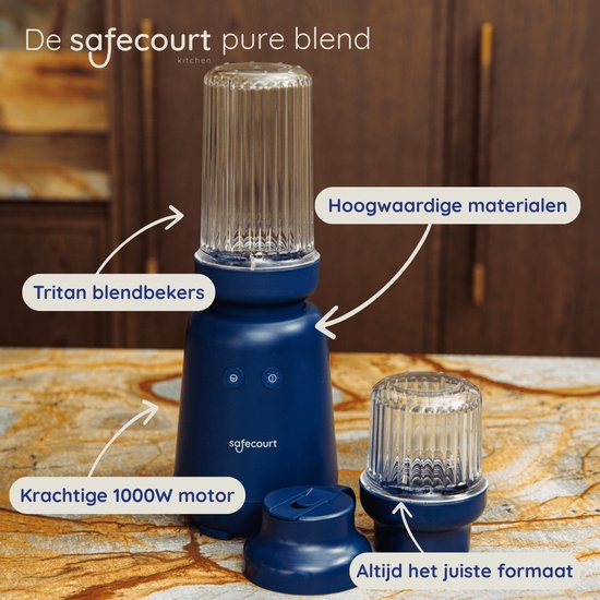 Safecourt Kitchen PureBlend - 1000W Smoothie maker - BPA vrij - inclusief to-go drinkdeksel + rietje- Premium Tritan blendbekers - Blauw