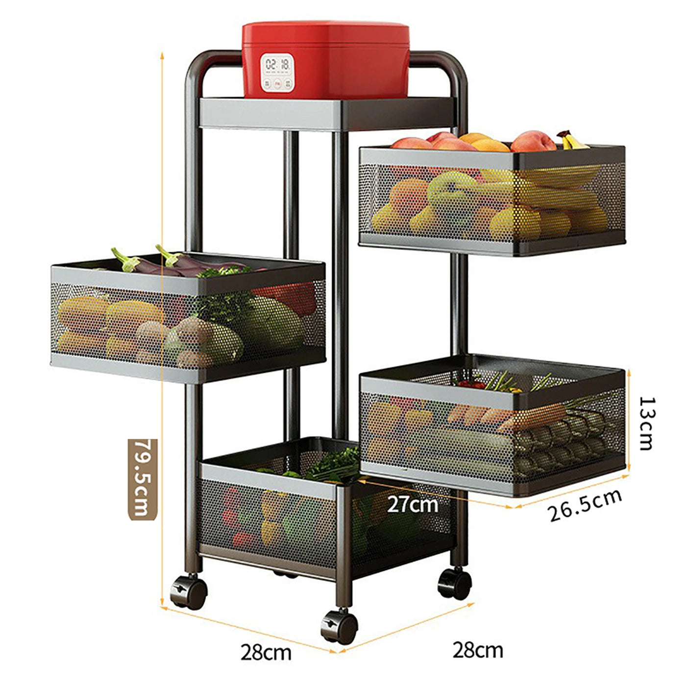 Maxcook Keukenrek Staande Trolley Draaibaar Opbergrek - 5 Lagen Kastplanken