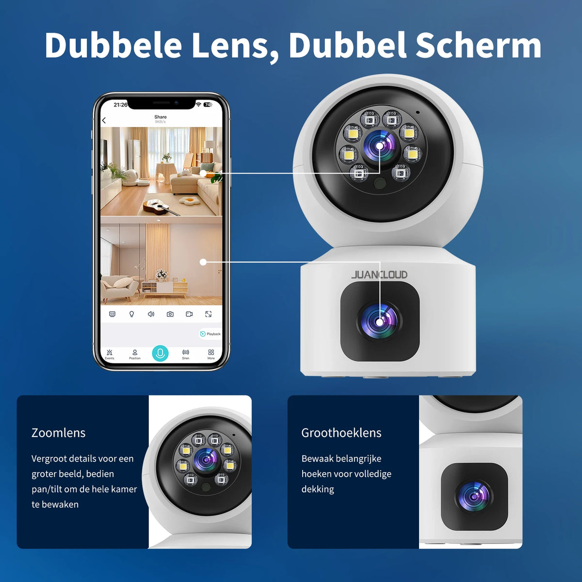 Juancloud Beveiligingscamera voor Binnen met Dubbele Lens - 2K Ultra HD met Nachtzicht - Tweewegaudio en AI-bewegingsdetectie - Wit