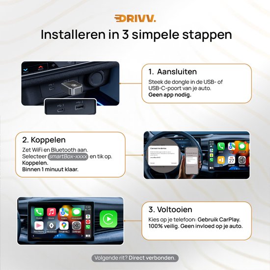Drivv. 2-in-1 CarPlay Dongle - USB-C & USB-A Aansluiting - Draadloos CarPlay - Wireless CarPlay - Zwart