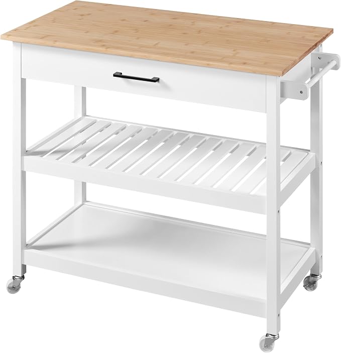 Yaheetech Keukenwagen 101,5 x 51 x 92,5 cm - 2 Niveaus - Lade - 4 Wielen - Wit/Naturel