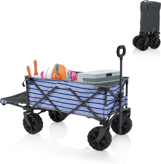 Tristar Bolderkar met laadklep 70kg draagvermogen - 94x49x58 cm - Opvouwbare Bolderwagen strand, festival, camping, tuin, dagje uit - Stevig Harmonicaframe - Beach Trolley, Strandkar, Transportkar, Trekwagen - Inclusief Opbergtas - HC-0422 - Blauw