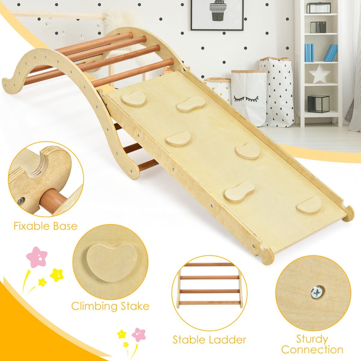 Coast 3-in-1 Klimladder Set voor Kinderen - Boog met Klimhelling en Schommelstoel - naturel + blauw