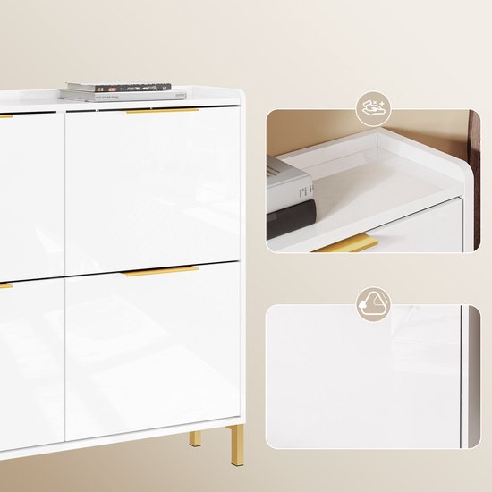 SoBuy FSR206-GW Schoenenkast Ingang – Ultradun 19 cm – Hoogglans Wit en Goud – Voor Hal, Gang, Kleine Ruimte, Met Kantelbeveiliging en Vloerbescherming – 100x19x88.5 cm