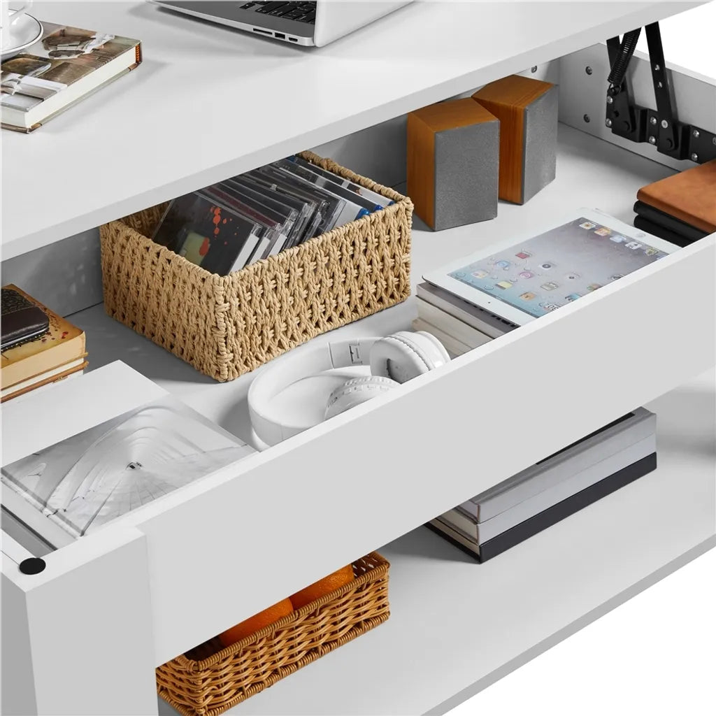 Yaheetech Salontafel In Hoogte Verstelbaar met Opbergruimte, 120x59x49,5 cm, Wit
