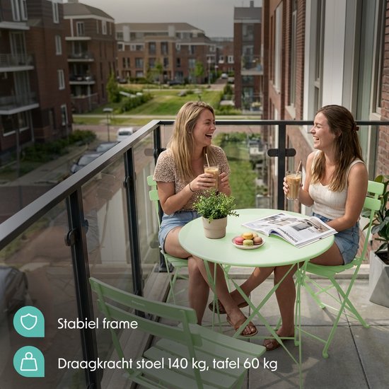 LifeGoods Bistroset - Staal - 3-delig - Tuinset - Inklapbaar - Balkonset met Tafel - Weerbestendig - Mintgroen