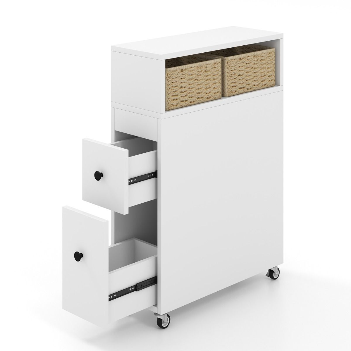 Coast Smalle Opbergkast op Wielen - 2 Schuifladen - 2 Rotanmanden - 50 x 19 x 72 cm - Wit
