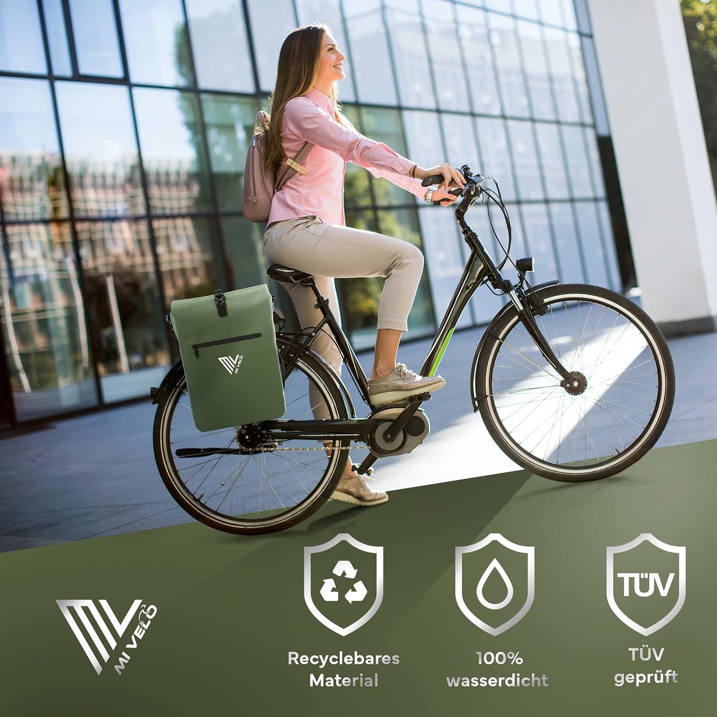 MIVELO 3-in-1 Fietstas voor Bagagedrager - 100% waterdicht - PVC-vrij - Olijfgroen – 25L