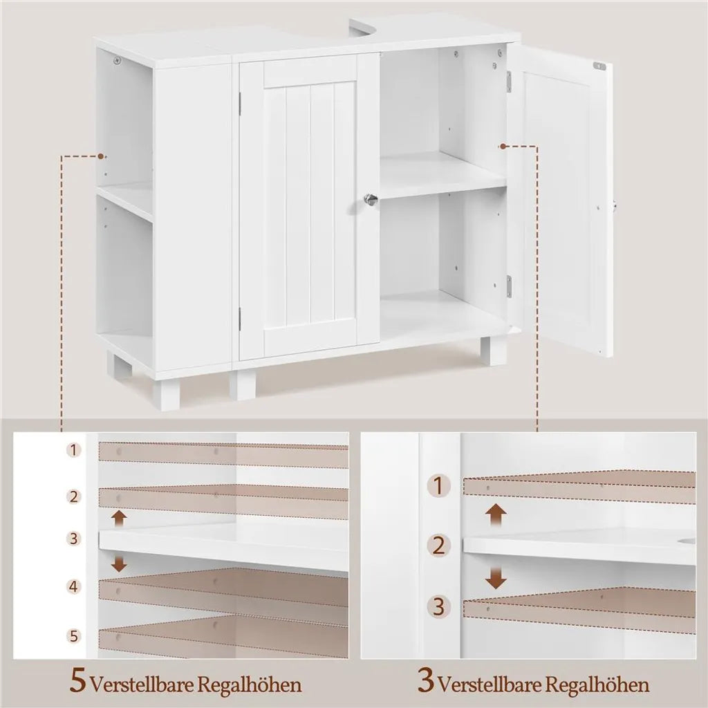 Yaheetech Wastafelonderkast 75 x 30 x 62 cm – Wit – Met 4 Vakken, Open Planken en Handdoekhouder