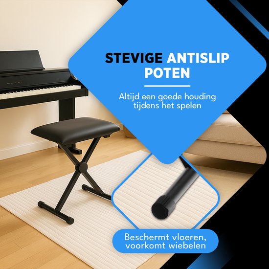 Finesse Pianokruk - Inklapbaar - in Hoogte Verstelbaar - met Kussen - Pianobank - Pianostoel - Zwart