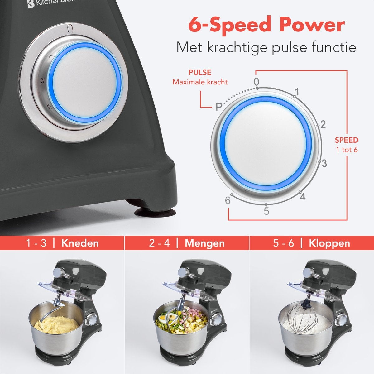 KitchenBrothers Keukenmachine - Keukenrobot - 6L Mengkom - 1800W - Aluminium - Antraciet