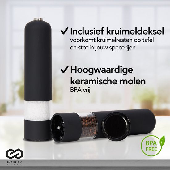 Infinity Goods Elektrische Peper- En Zoutmolen Set - Pepermolen - Zoutmolen - Verstelbare Maalgraad - Kruidenmolen - Zwart