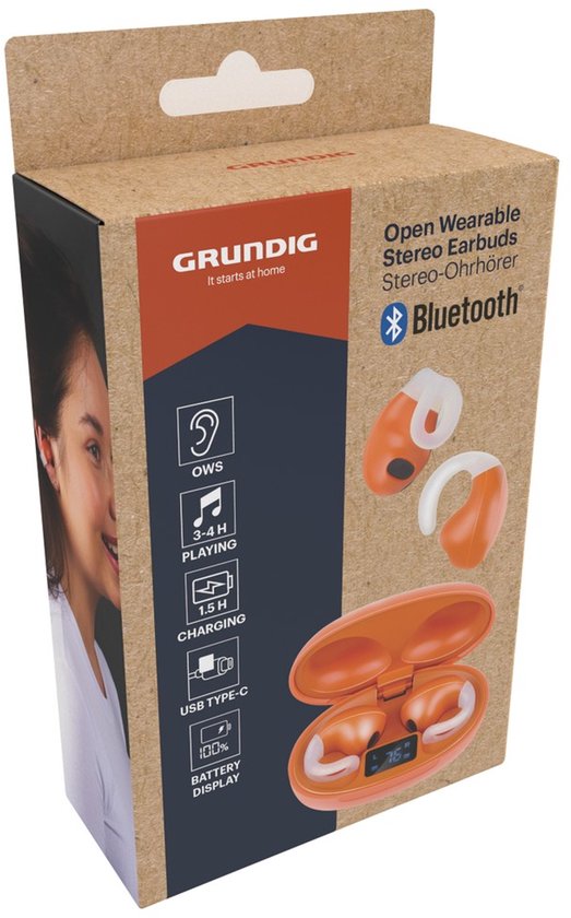 Grundig Draadloze Oordopjes Bluetooth - Oortjes Draadloos Met LED Display en Oplaadcase - In-Ear Met OWS Technologie en USB-C Lader - Oranje