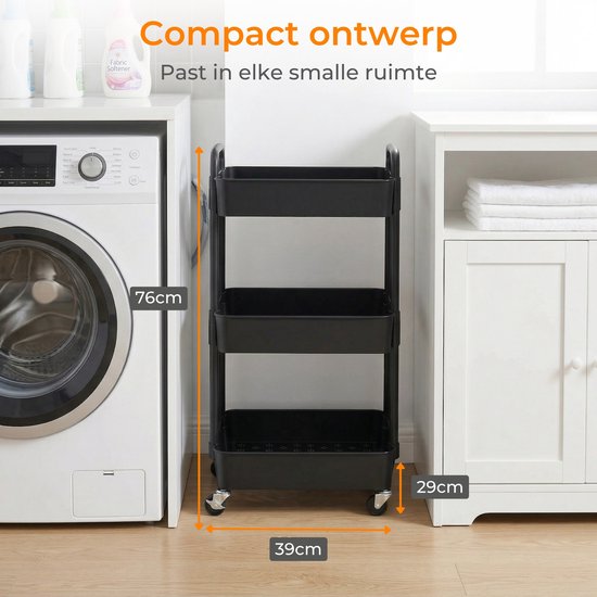 Posity Keukentrolley op wieltjes – Serveerwagen / Opbergtrolley / Keukenrek / Trolley Keuken – Verrijdbaar en Vast – 3 Lagen – Kunststof – Zwart