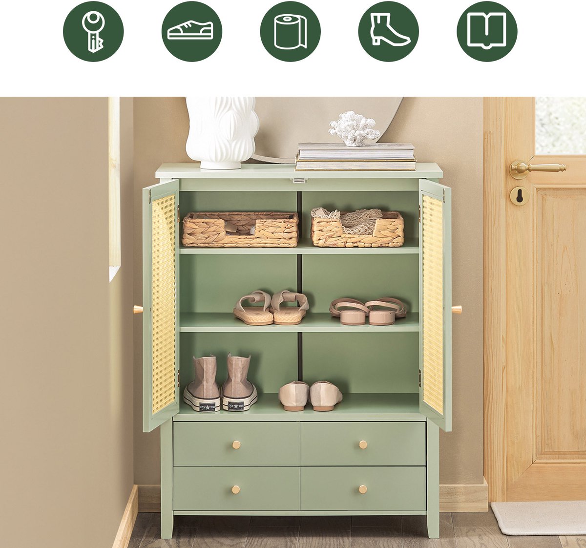 SoBuy Schoenenkast – 4 Lades & 2 Deuren met Rattan – 70x34x90 cm – Groen