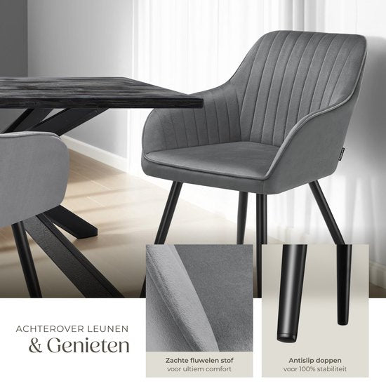 tectake®- Fluwelen stoel met gestikt patroon - Moderne eetkamerstoel - Kuipstoel - Woonkamer, eetkamer, lounge of kaptafelstoel - Div. kleuren - Grijs/zwart