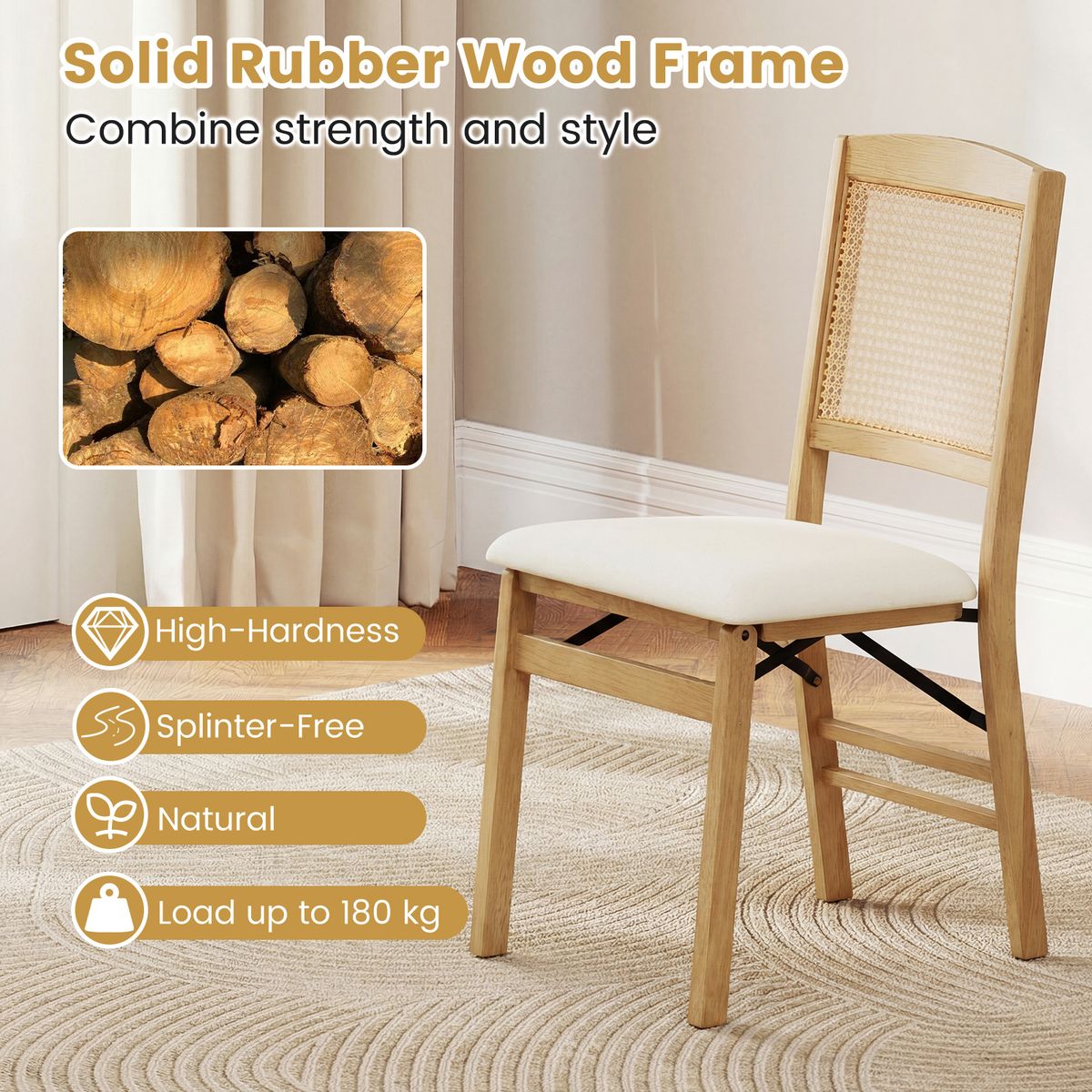 Coast Opvouwbare Eetkamerstoelen Set van 2 - Hout en PE-rotan - Linnen zitting - Naturel