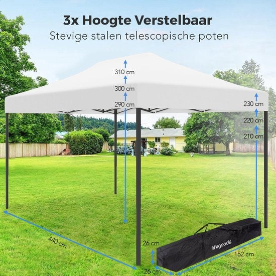 LifeGoods Partytent - Paviljoen - EasyUp - Opvouwbaar - Waterdicht - Met Draagtas met wieltjes - 440 x 297 cm - Wit