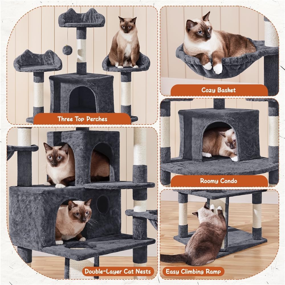 Yaheetech krabpaal voor katten - 3 kattenhuisjes - 194 cm hoog - donkergrijs