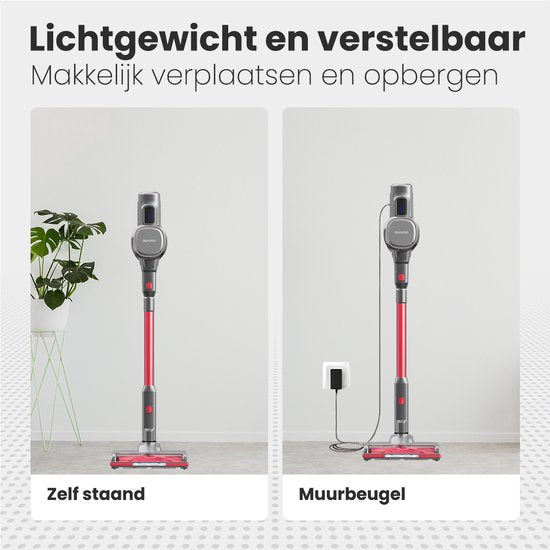 Auronic Steelstofzuiger Draadloos 220W - Draadloze Stofzuiger - HEPA Filter - Zelfstaand - Op Accu - Zonder Zak - Kruimeldief - Vacuum Cleaner - Grijs/Rood
