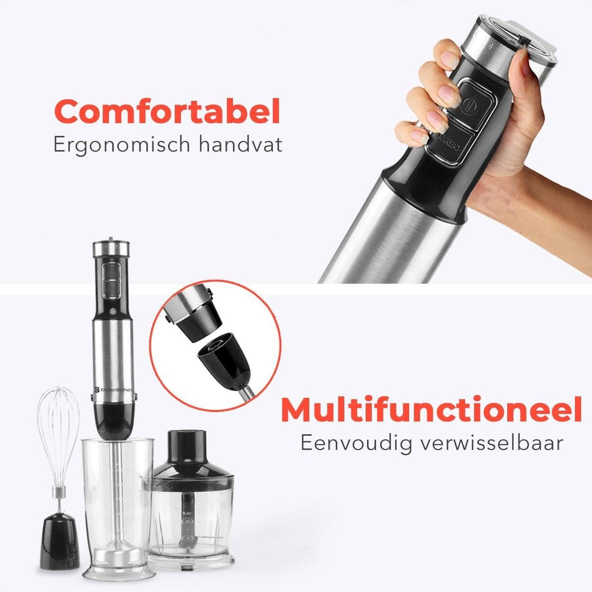 KitchenBrothers Staafmixer Set – 4-in-1 Hakmolen, Garde & Maatbeker – 800W – 6 Snelheden + Turbostand – 600 ml – Zwart/RVS