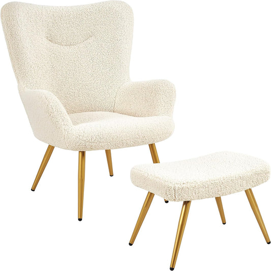 Yaheetech Oorfauteuil met Voetenbank – Teddy Stof – Ivoorwit – 67,5 x 70 x 97,5 cm