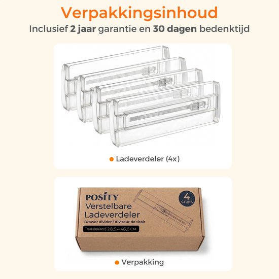 Posity Ladeverdeler - Verstelbaar & Uitschuifbaar - 4 Stuks - Lade Organizer - Voor Keuken, Slaapkamer & Kleding - Kunststof - Transparant