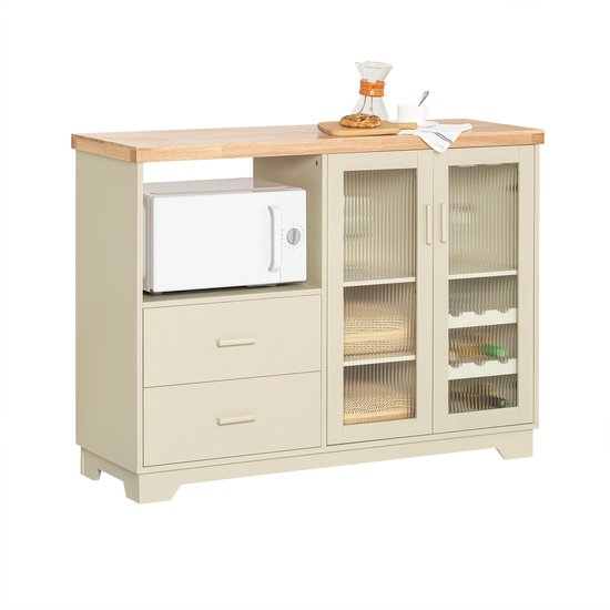 SoBuy Buffetkast Met Laden – 120 x 40 x 90 cm & Met Glazen Deuren – Voorzien Van Interne Planken En Flessenrek – Beige Gelakt Mdf