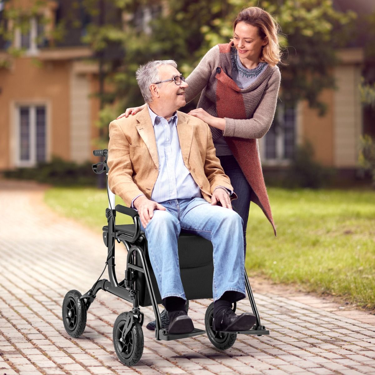 Coast 2-in-1 rollator en rolstoel - luchtbanden - 6-voudig in hoogte verstelbaar - zwart