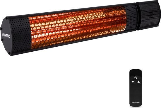 VONROC Terrasverwarmer – Elektrisch, Low Glare & 2 Warmtestanden – 2000 W – 75 x 20 x 18 cm – Zwart