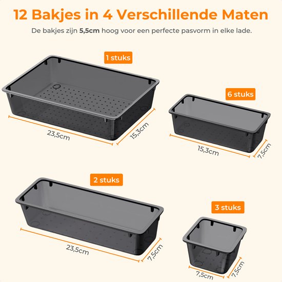 Posity Lade Organizer - 12 Stuks - Organizer Bakjes - Lade Bakjes - Opbergbakjes - Make-up Organizer - Voor Keuken, Badkamer & Bureau - Kunststof - Transparant