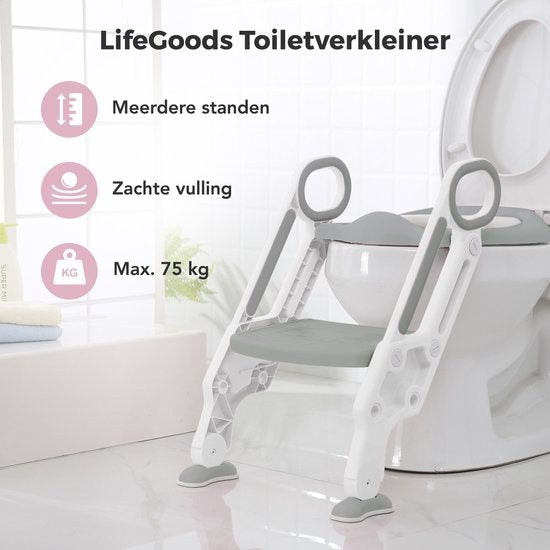 LifeGoods WC Verkleiner met Trapje - Toilettrainer met Opstapje - Potje peuter - 2 tot 7 Jaar - Grijs/Wit